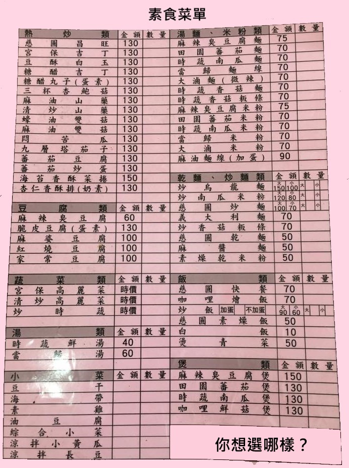 「外食族健康吃」，素食菜單，如果圖片出不來，可以自己上網搜尋